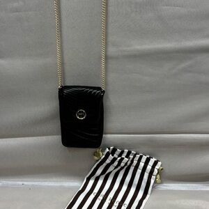 Henri Bendel Black Quilted Mini Leather Crossbody Bag with Gold Chain.